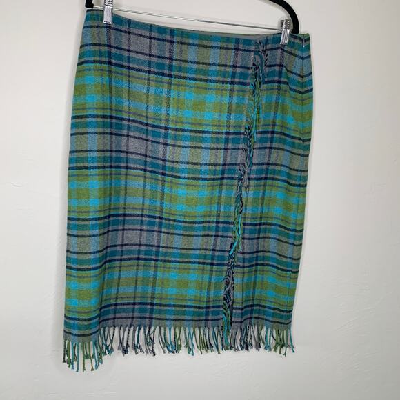 J .Jill Blue Green Wool Plaid Wrap Blanket Skirt Sz 14 - Picture 1 of 6